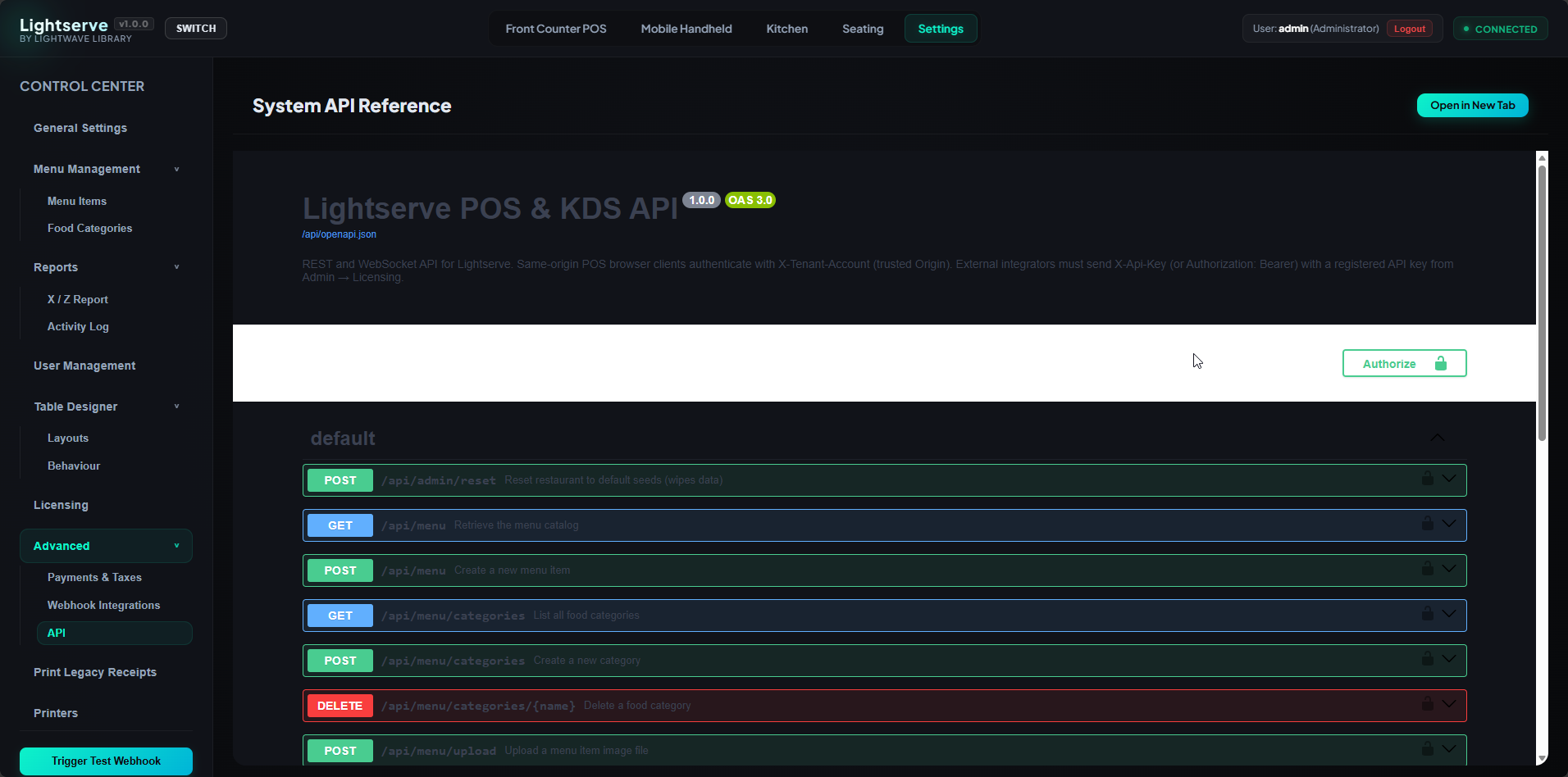 Lightserve System API Reference Swagger documentation