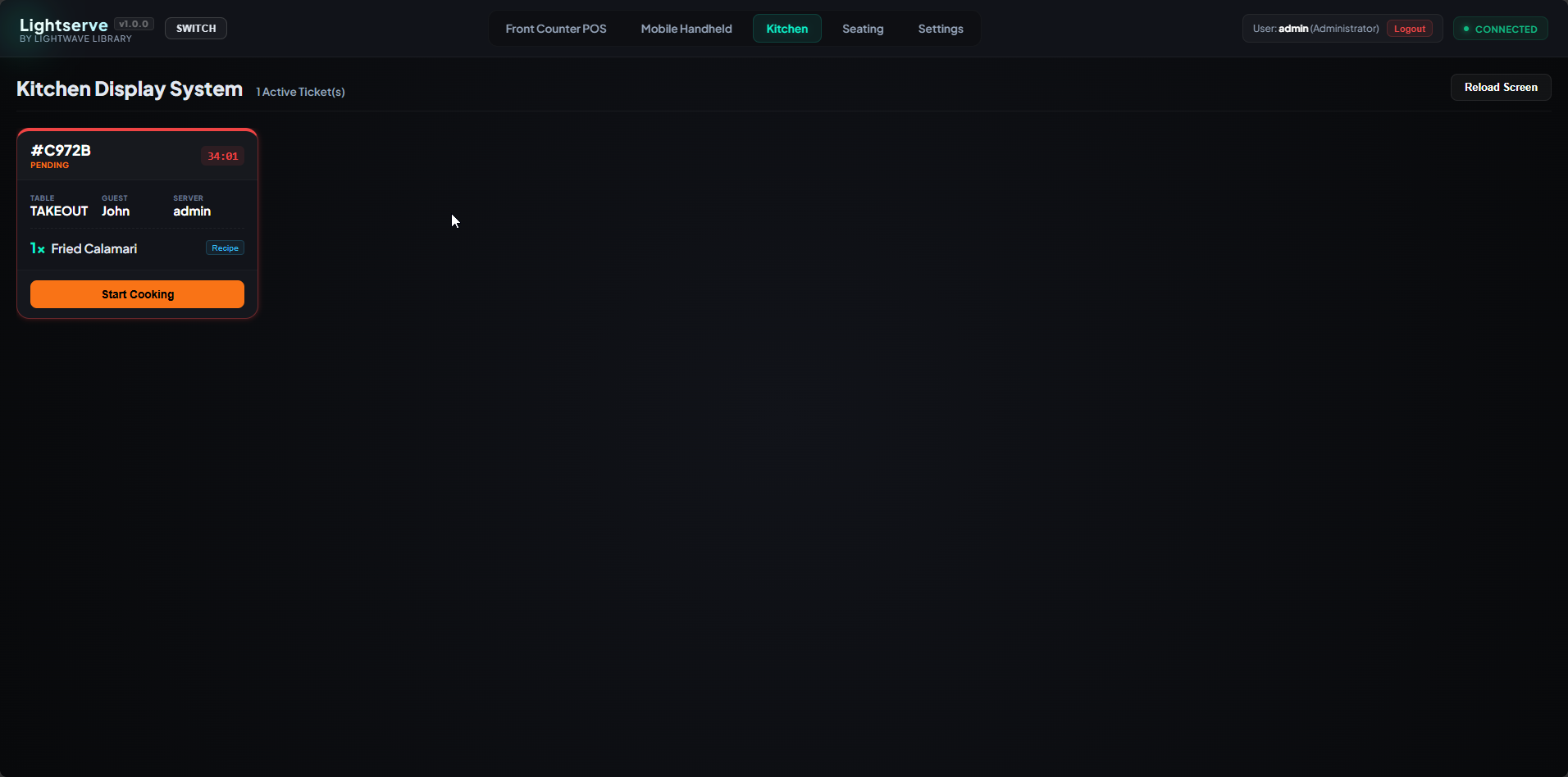 Lightserve Kitchen Display with pending ticket and Start Cooking action